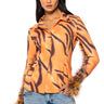 Front View Valeria Graphic Feather Trim Button Down