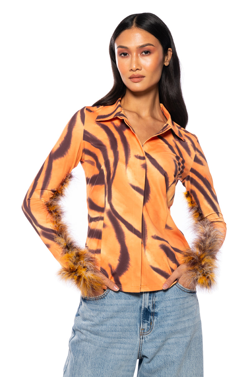 Side View Valeria Graphic Feather Trim Button Down 1