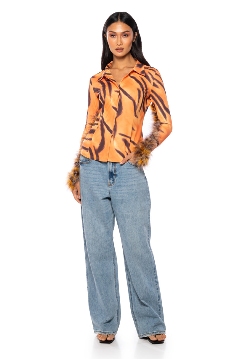 Back View Valeria Graphic Feather Trim Button Down 2