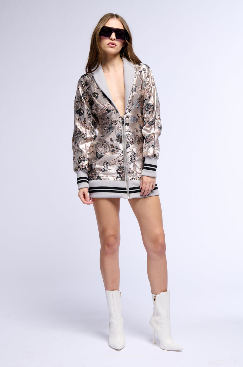 Back View Varsity Bomber Brocade Dress With Ribbed Trim 2