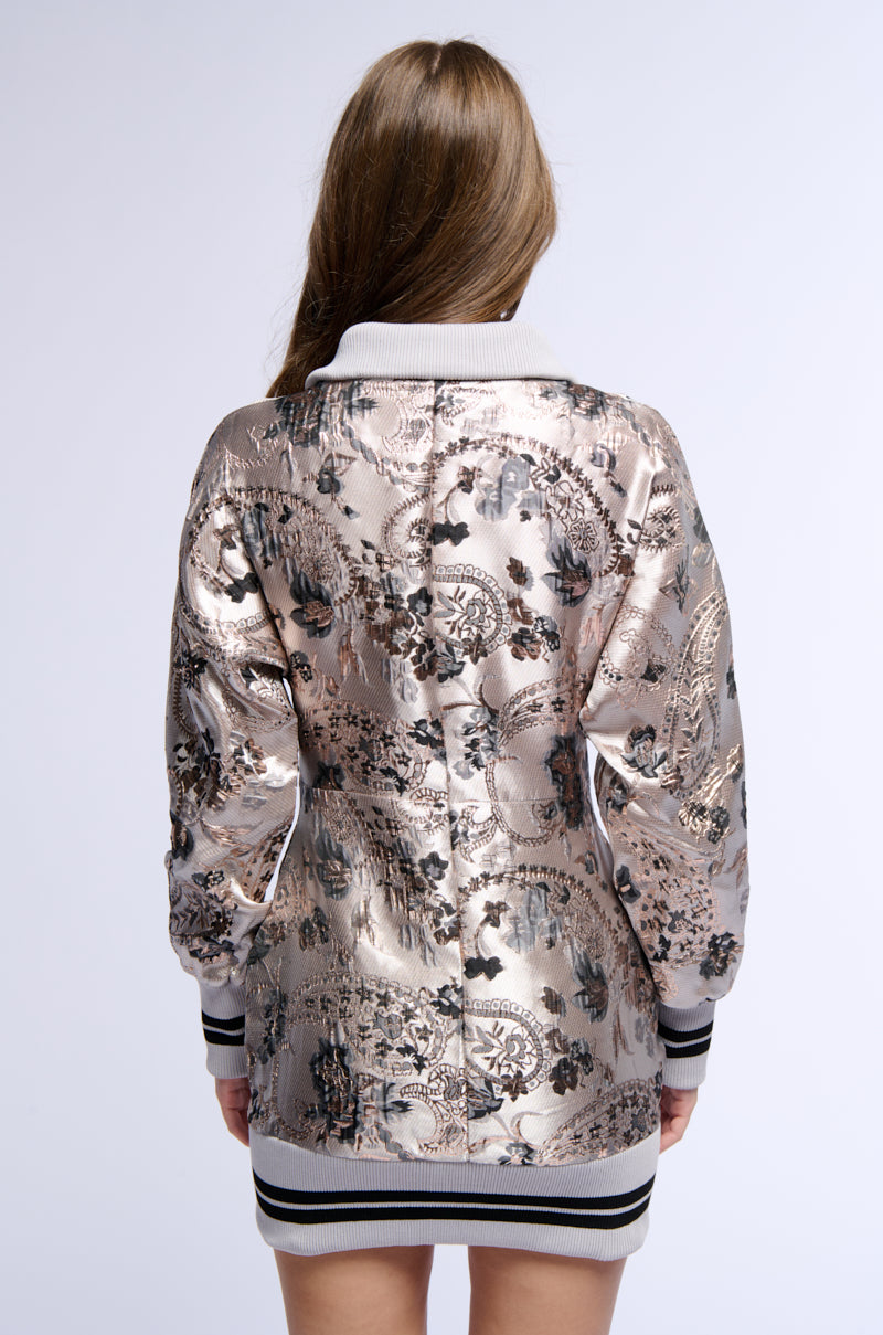 Full View Varsity Bomber Brocade Dress With Ribbed Trim 4