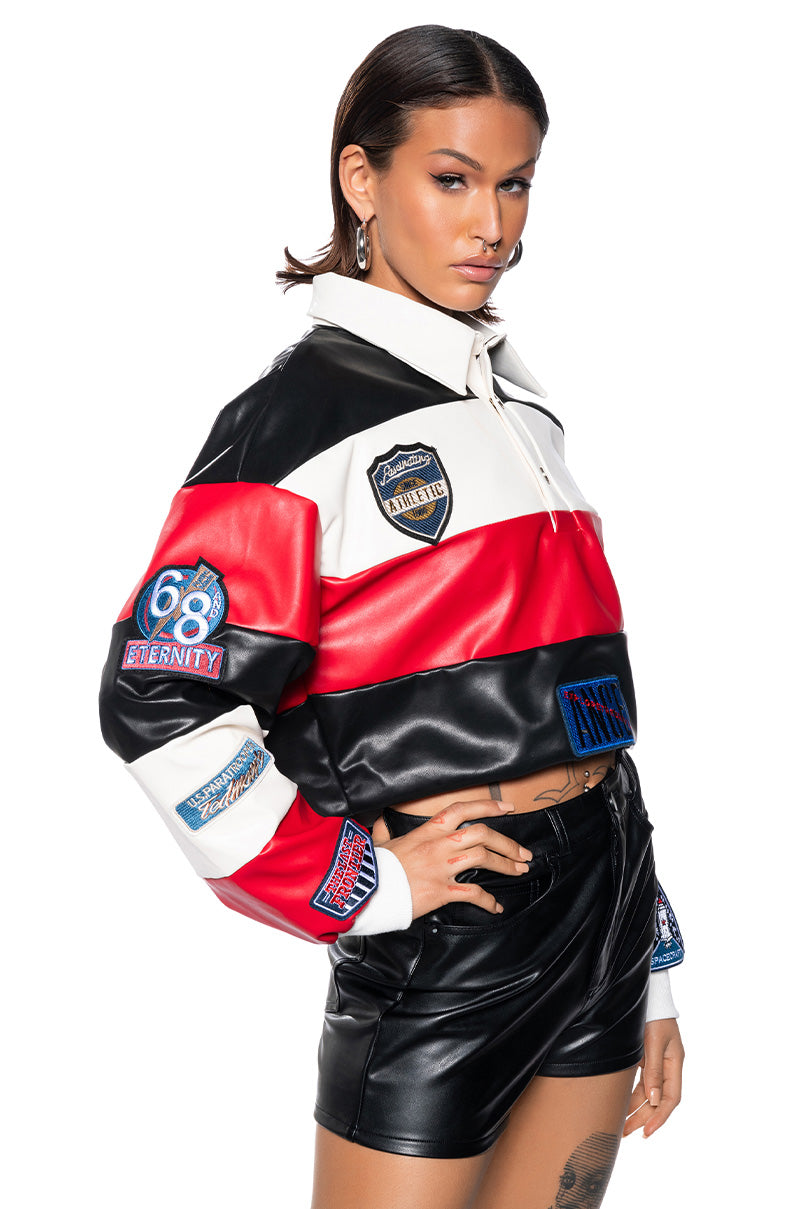 VARSITY LETTER FAUX LEATHER STRIPED PULL OVER view 0
