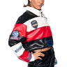 Front View Varsity Letter Faux Leather Striped Pullover