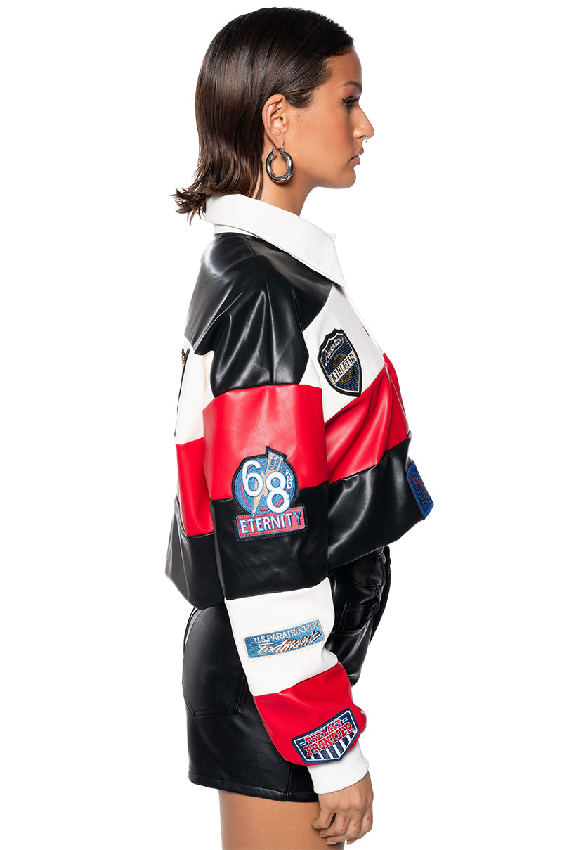 Back View Varsity Letter Faux Leather Striped Pullover