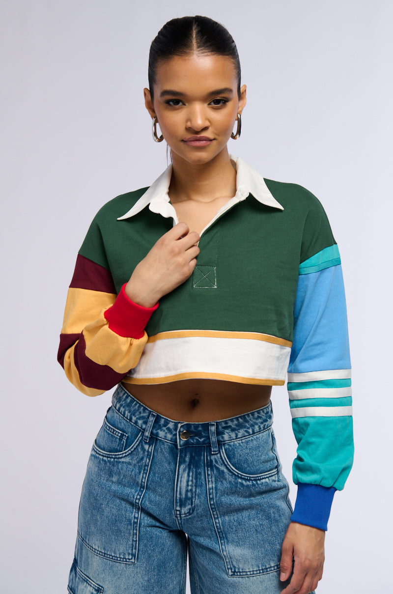 VARSITY LETTER LONG SLEEVE CROPPED POLO SHIRT view 0