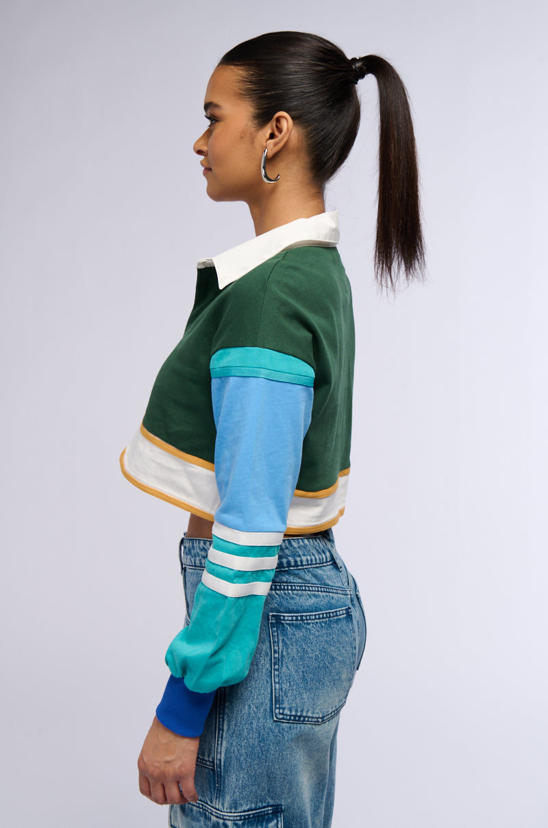 Back View Varsity Letter Long Sleeve Cropped Polo Shirt