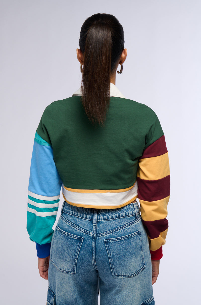 Detail View Varsity Letter Long Sleeve Cropped Polo Shirt