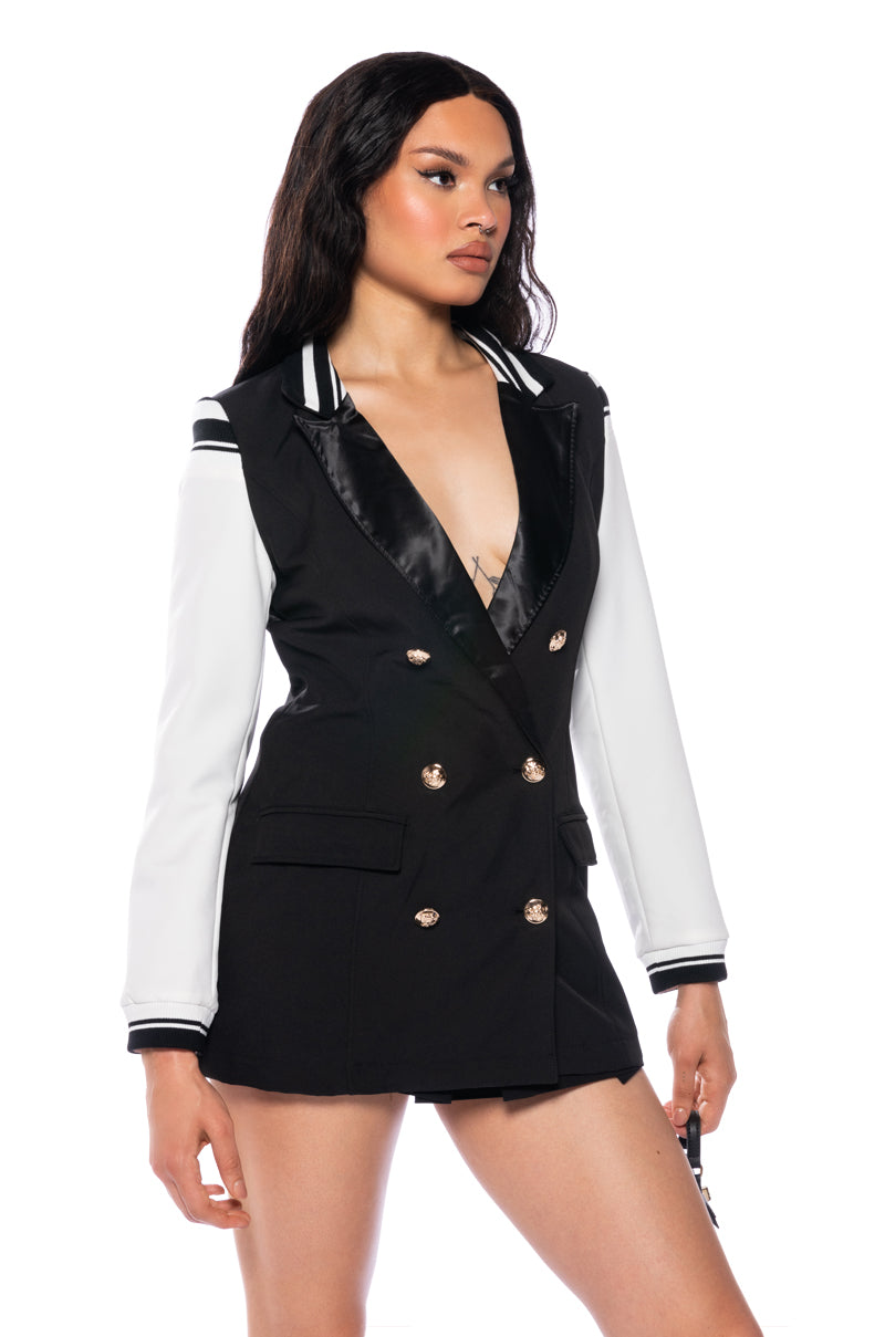 Back View Varsity Luxe Fit Blazer In Black 2