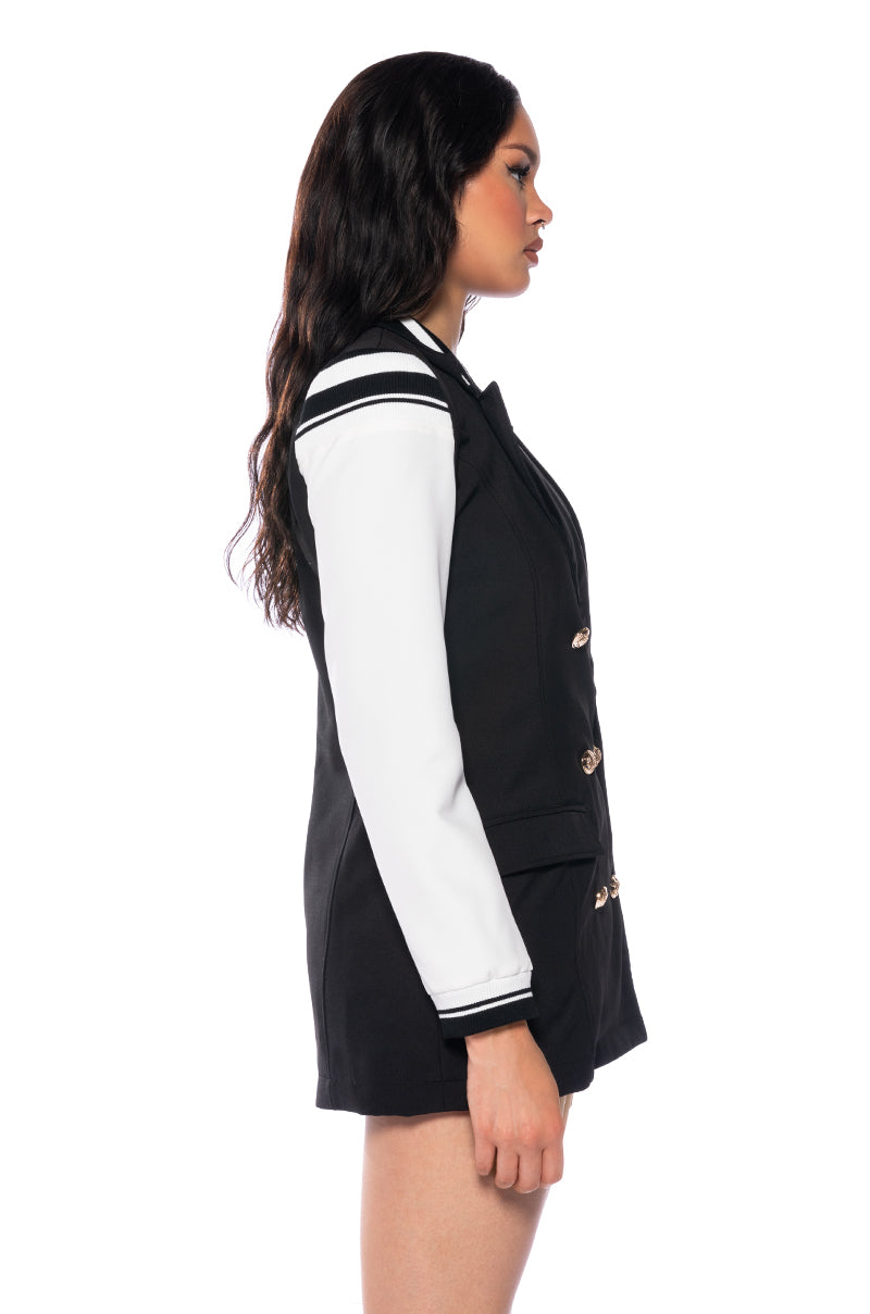 Detail View Varsity Luxe Fit Blazer In Black 3
