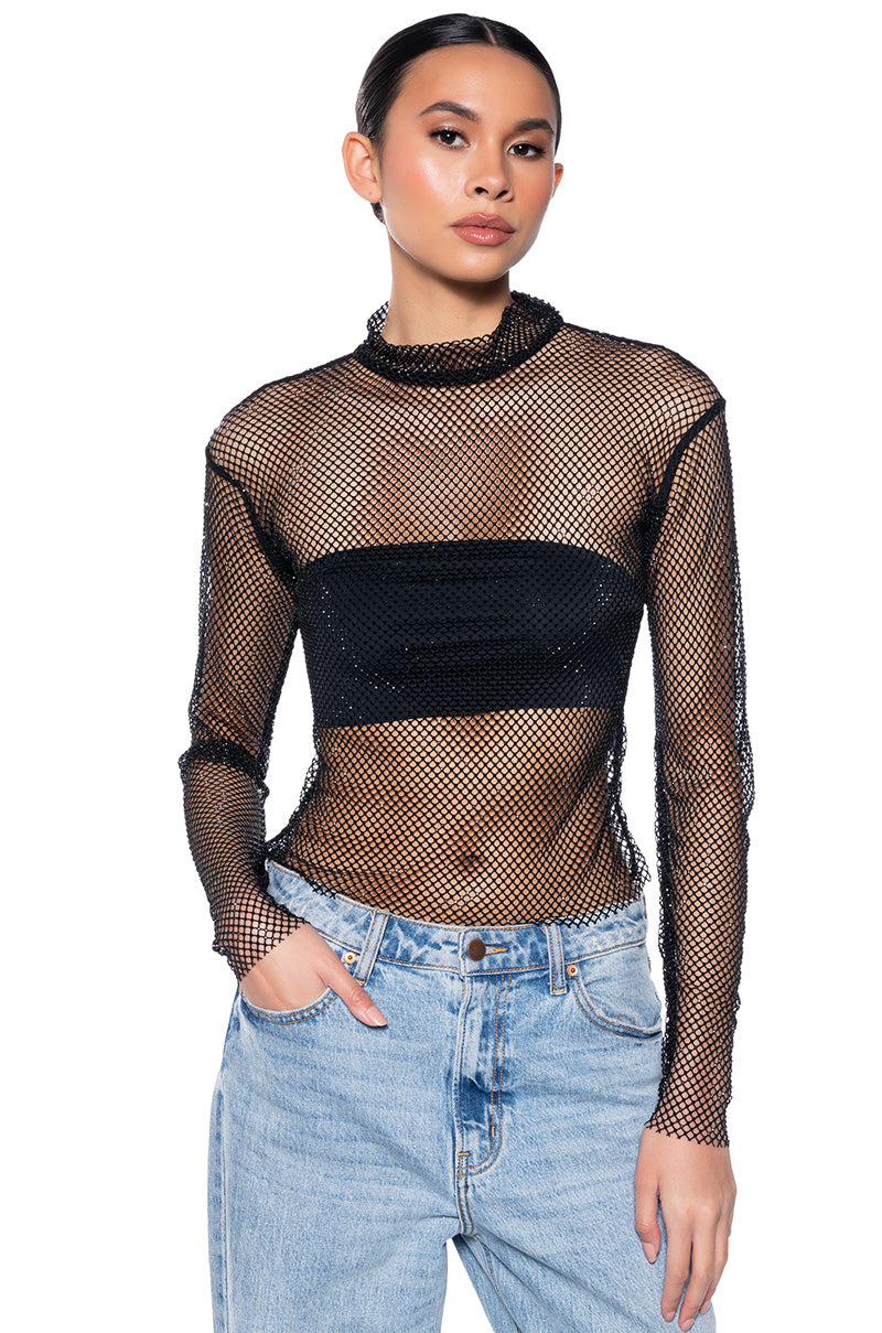 Front View Vegas Lights Rhinestone Mesh Long Sleeve Top In Black