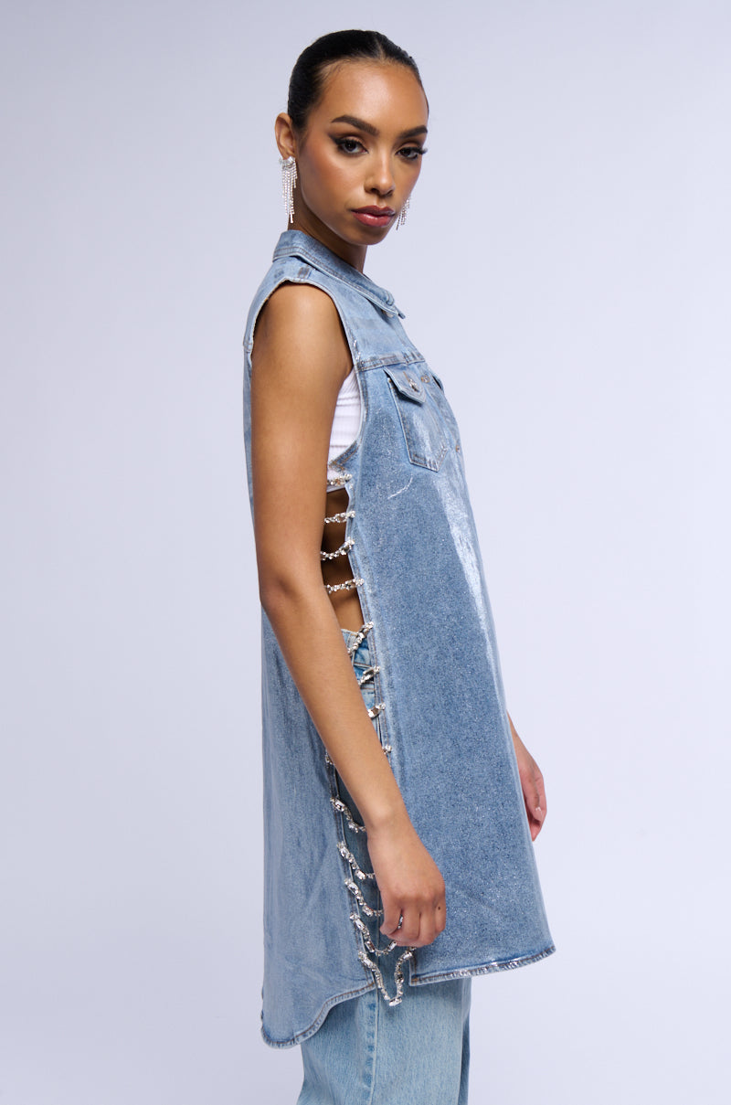 Back View Vegas Rhinestone Trim Metallic Denim Vest