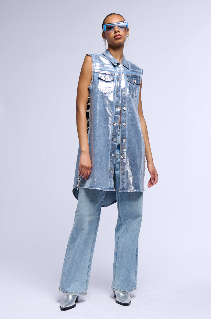 Extra View Vegas Rhinestone Trim Metallic Denim Vest