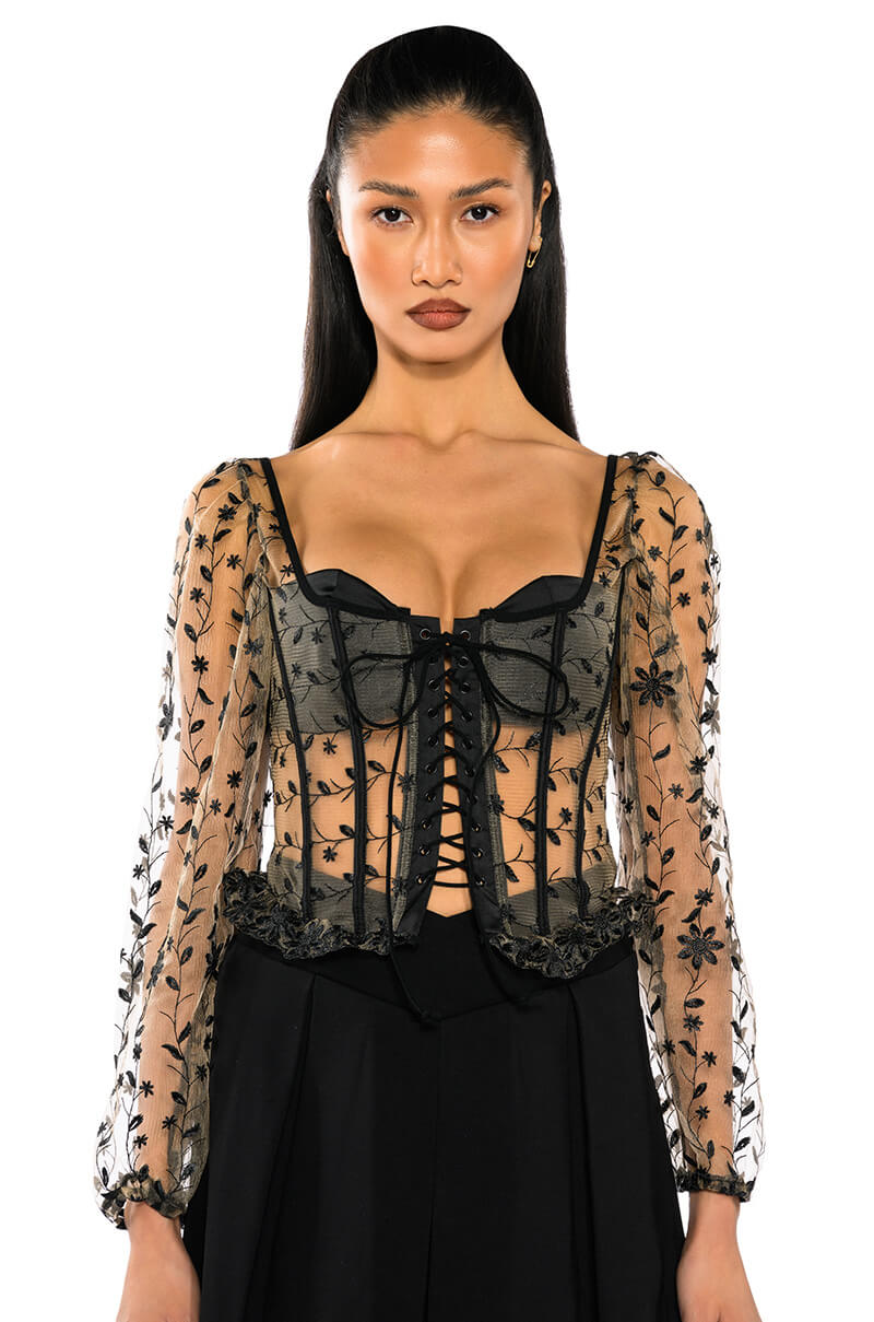 Front View Ven Aqui Lace Up Corset Top