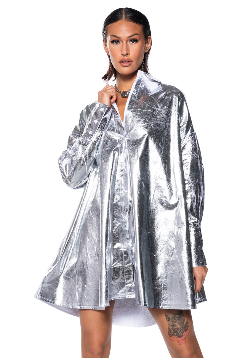 Front View Venessa Metallic Button Up Shirt Mini Dress