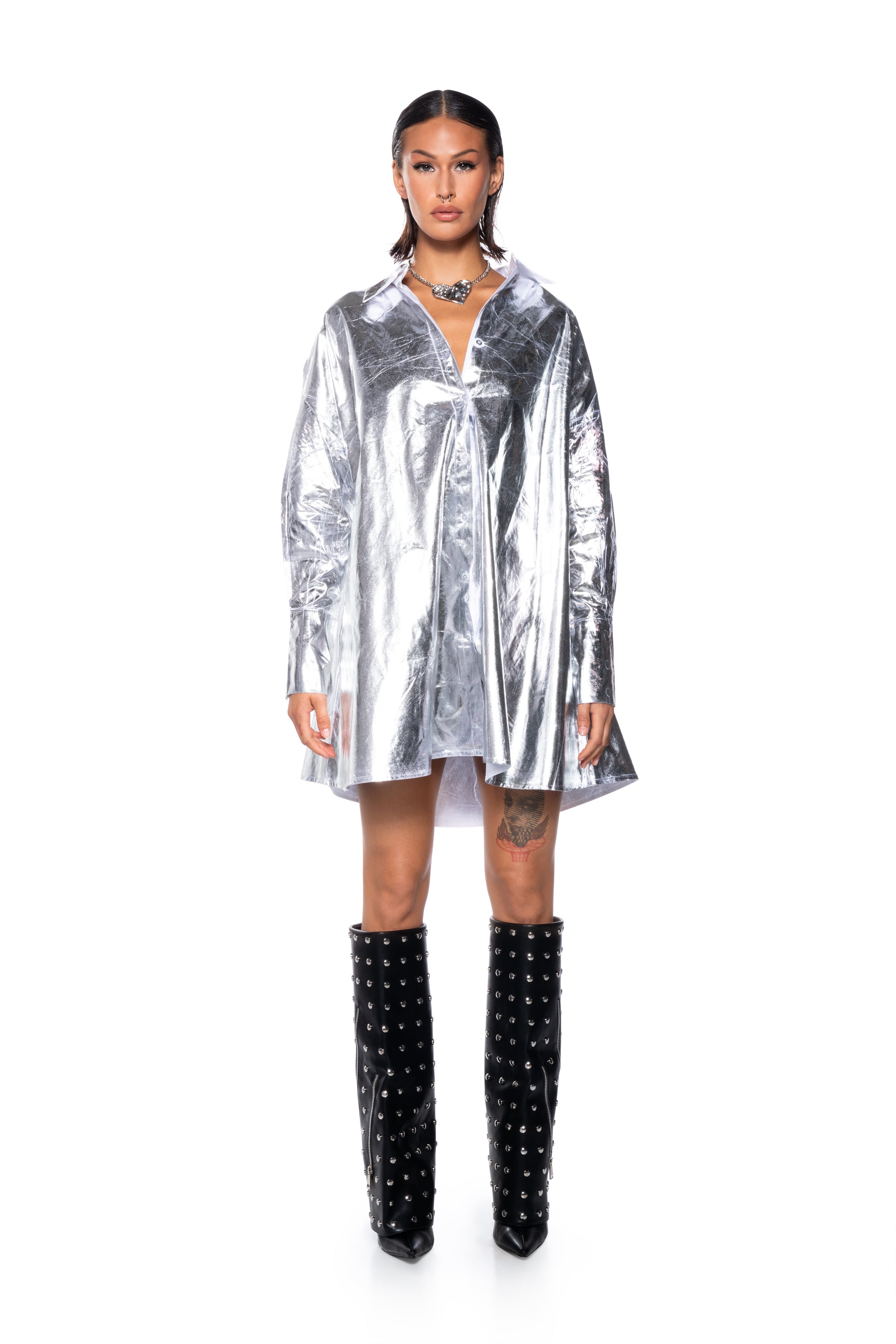 Extra View Venessa Metallic Button Up Shirt Mini Dress