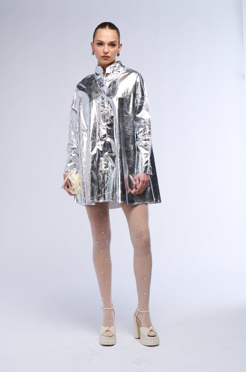 Extra View Venessa Metallic Button Up Shirt Mini Dress