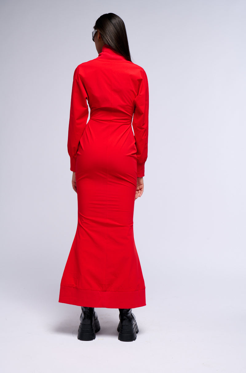 red jacket dress VERA LONG BOMBER DRESS JACKET IN RED – AKIRA