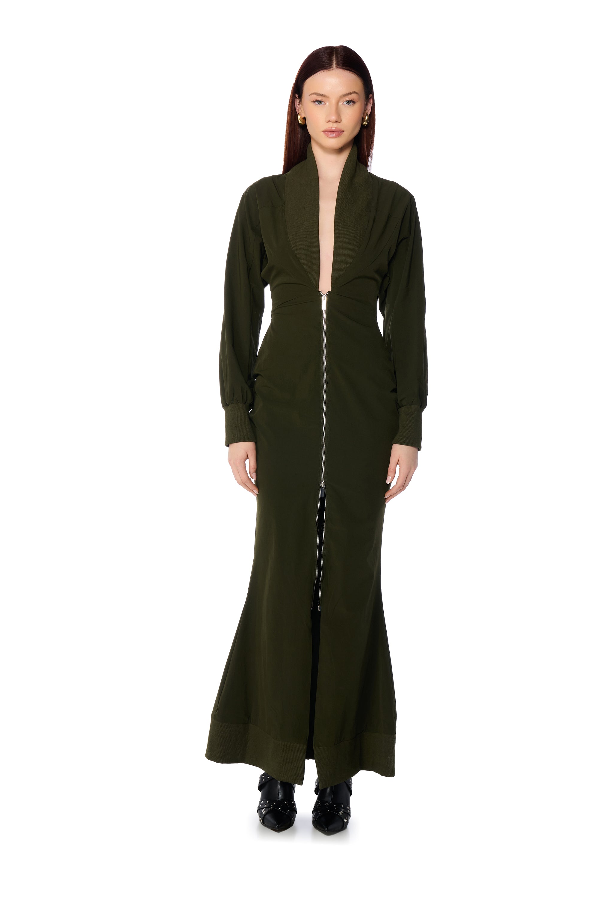 VERA LONG BOMBER DRESS JACKET IN OLIVE GREEN AKIRA VERA LONG BOMBER DRESS JACKET IN OLIVE GREEN AKIRA