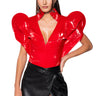 Front View Veronica Dramatic Shoulder Collared Bodysuit In Red