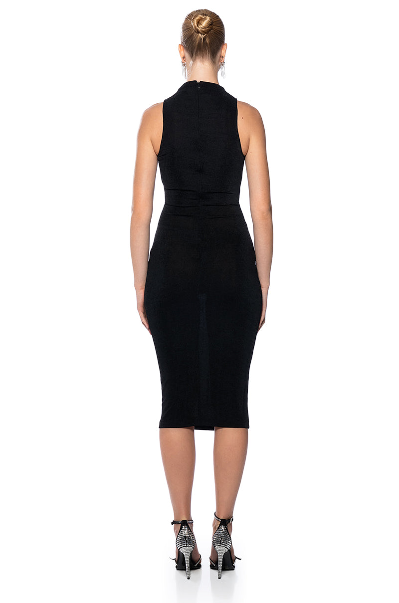 Back View Veronica Slinky Ruched Midi Dress In Green