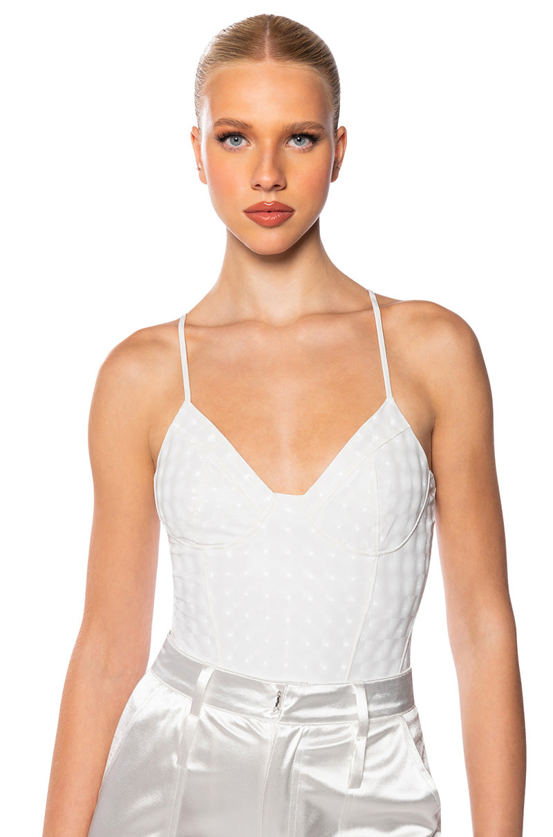 VIBING HOLOGRAPHIC FAUX LEATHER BODYSUIT IN WHITE view 0