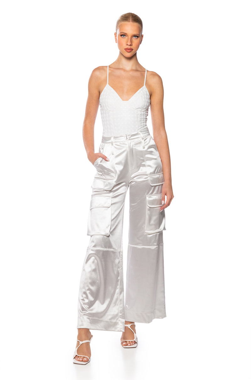 Side View Vibing Holographic Faux Leather Bodysuit In White