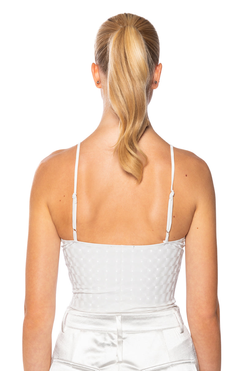 Detail View Vibing Holographic Faux Leather Bodysuit In White