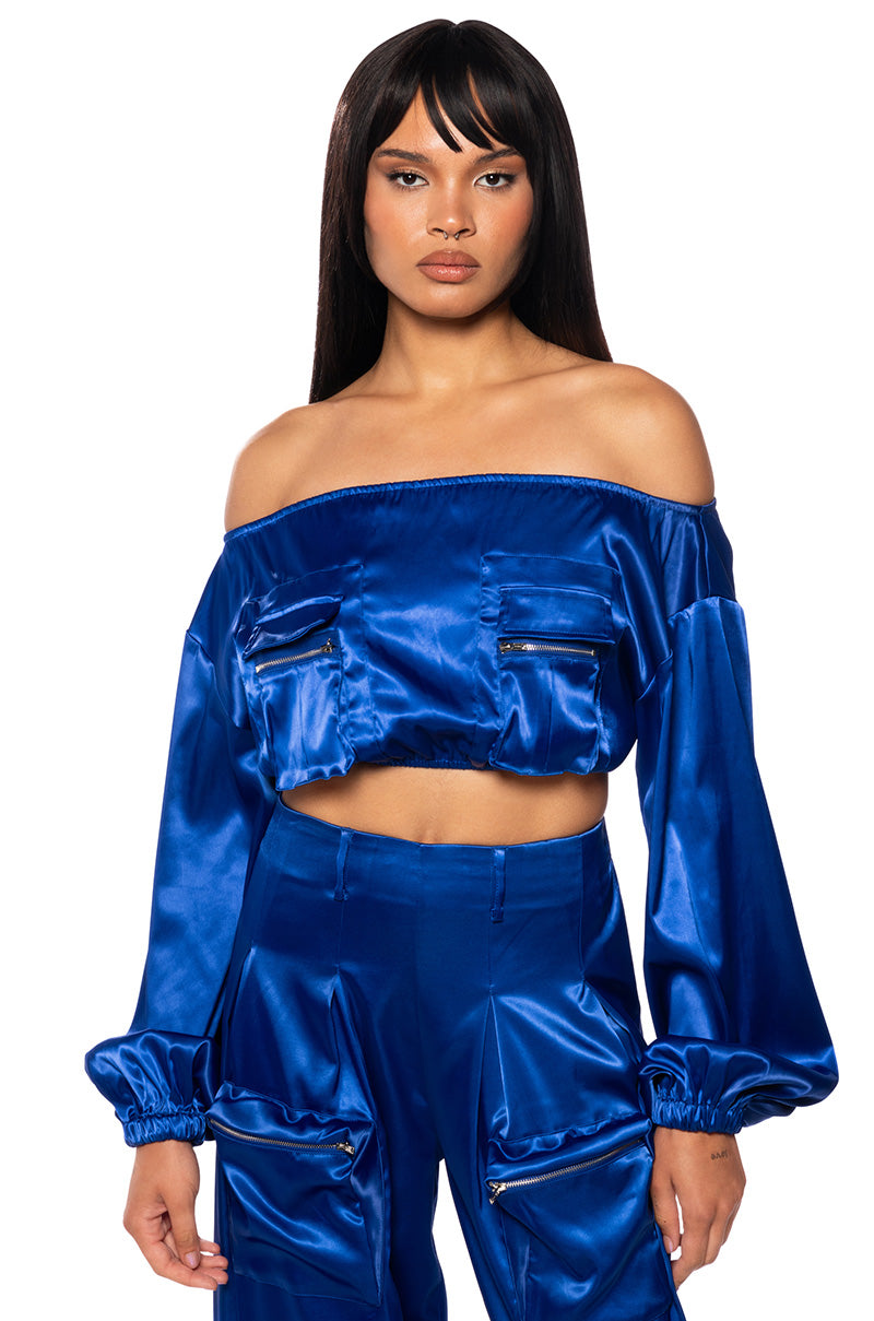 Front View Violet Dreams Off Shoulder Pocket Detail Crop Top
