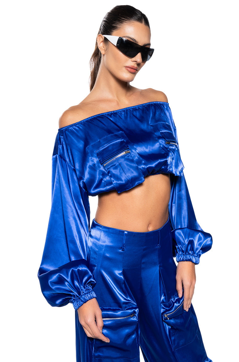 Side View Violet Dreams Off Shoulder Pocket Detail Crop Top