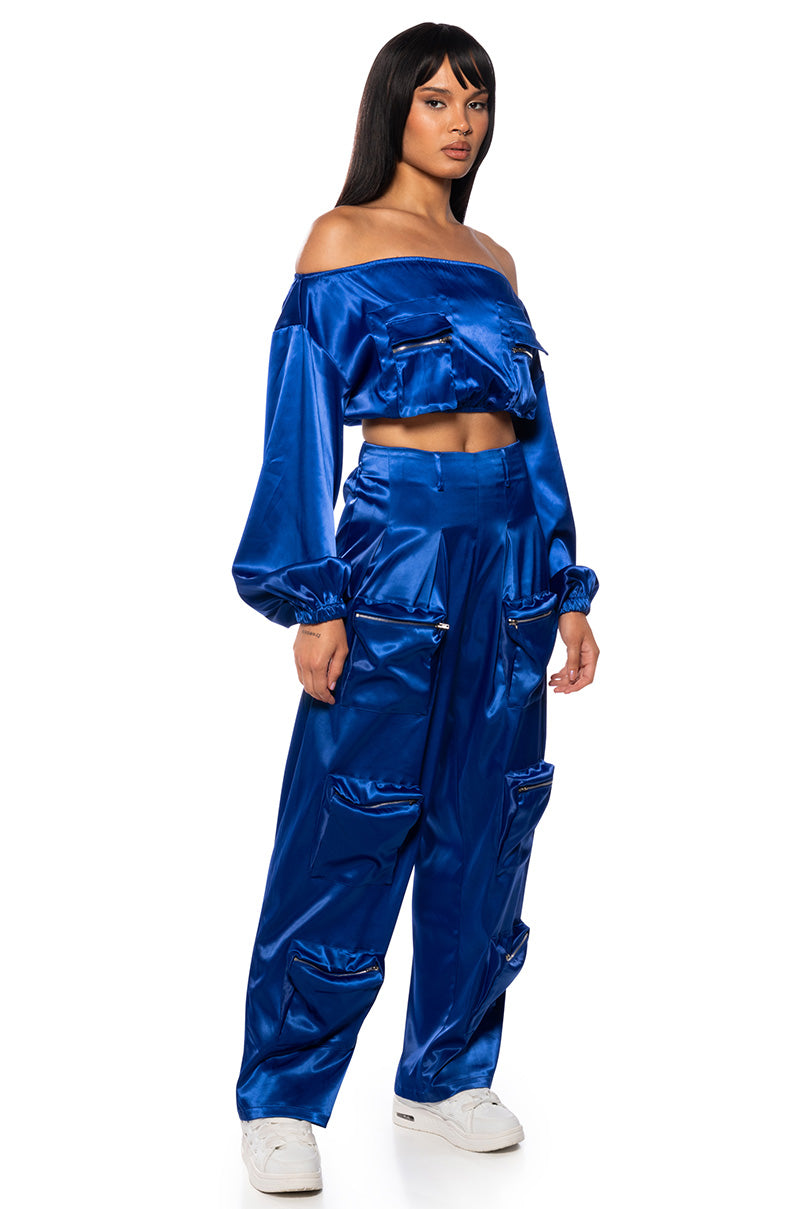 Back View Violet Dreams Off Shoulder Pocket Detail Crop Top