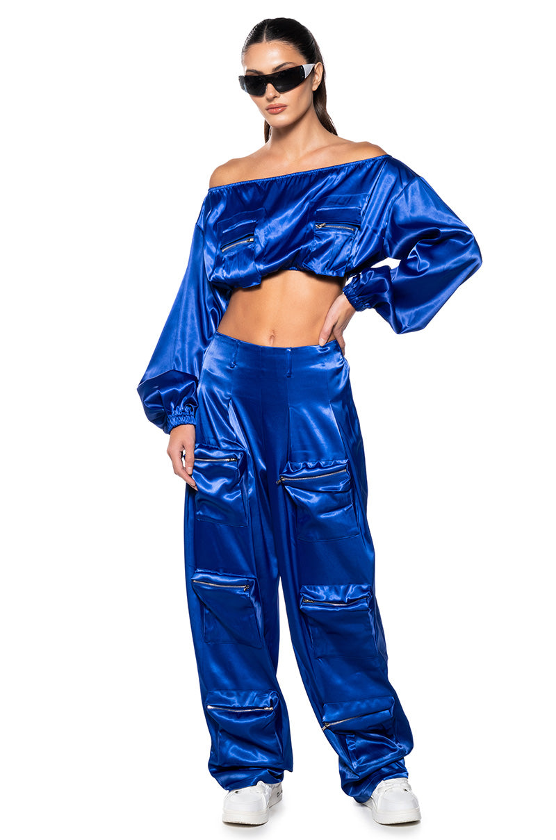 Back View Violet Dreams Off Shoulder Pocket Detail Crop Top