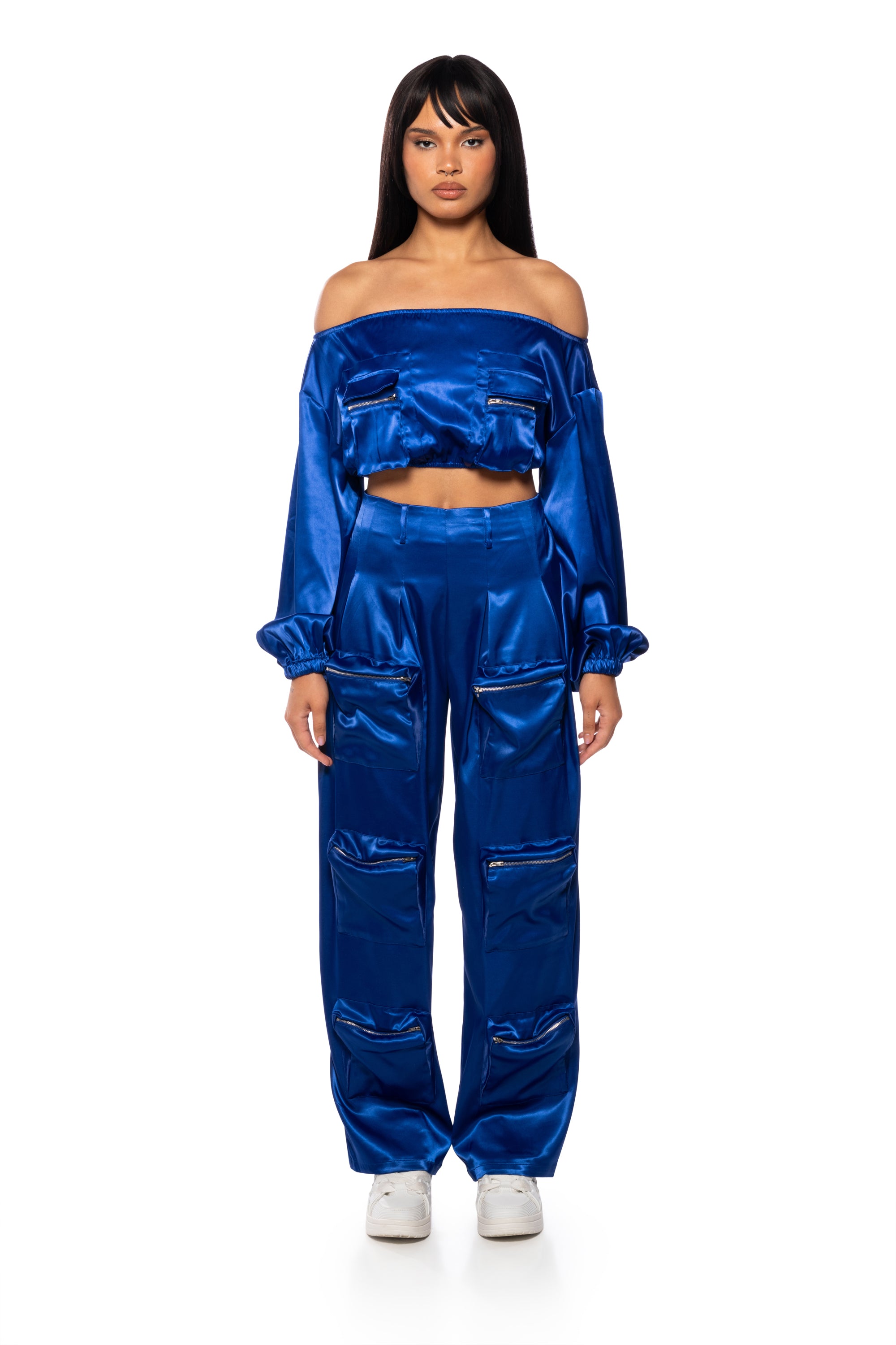 Extra View Violet Dreams Off Shoulder Pocket Detail Crop Top