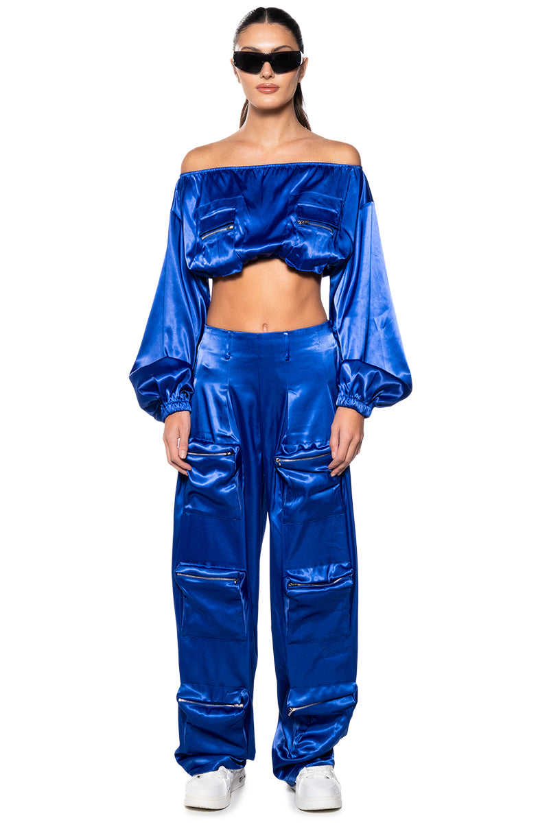 Extra View Violet Dreams Off Shoulder Pocket Detail Crop Top