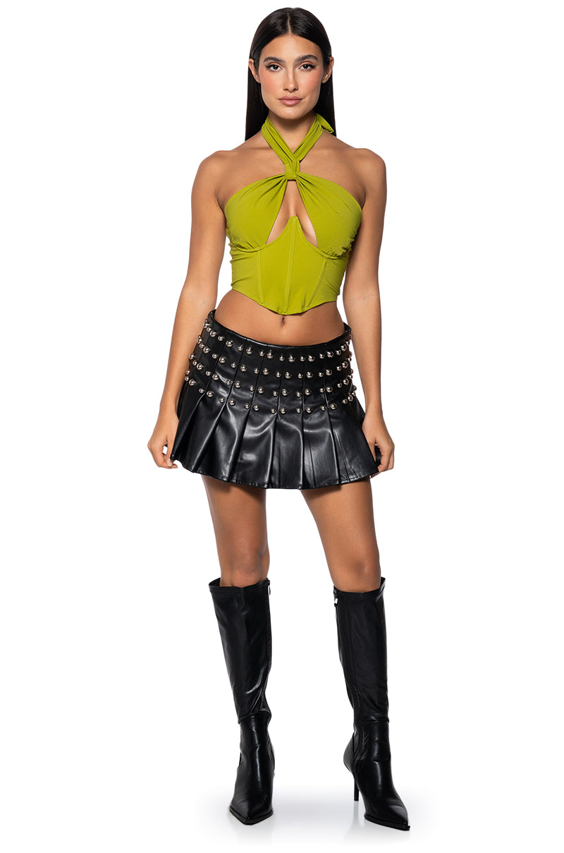 Back View Violet Girl Cut Out Halter Corset Top In Light Green