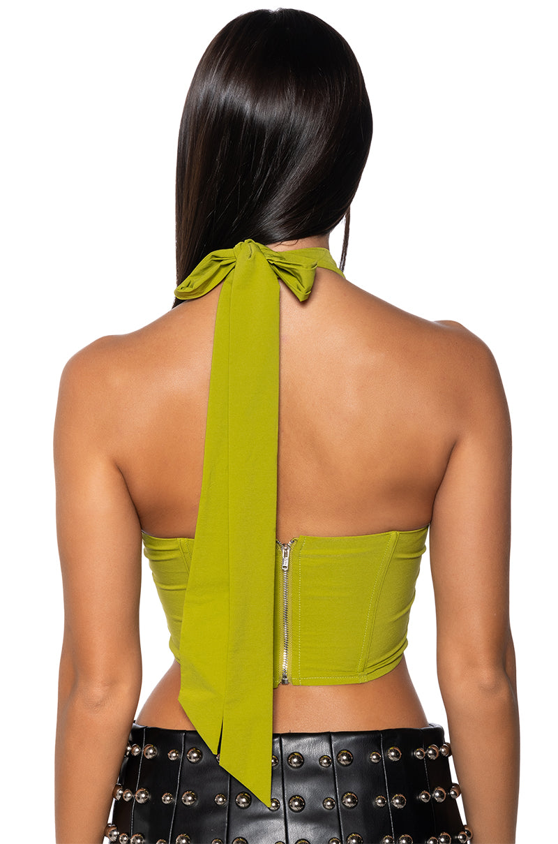 Detail View Violet Girl Cut Out Halter Corset Top In Light Green