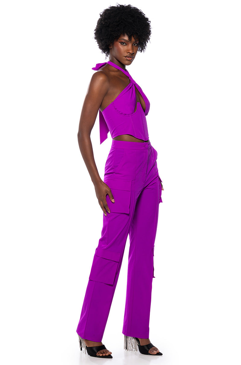Side View Violet High Waist Cargo Pant