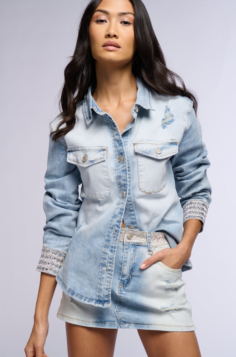 Front View Violet Rhinestone Denim Button Down Shirt