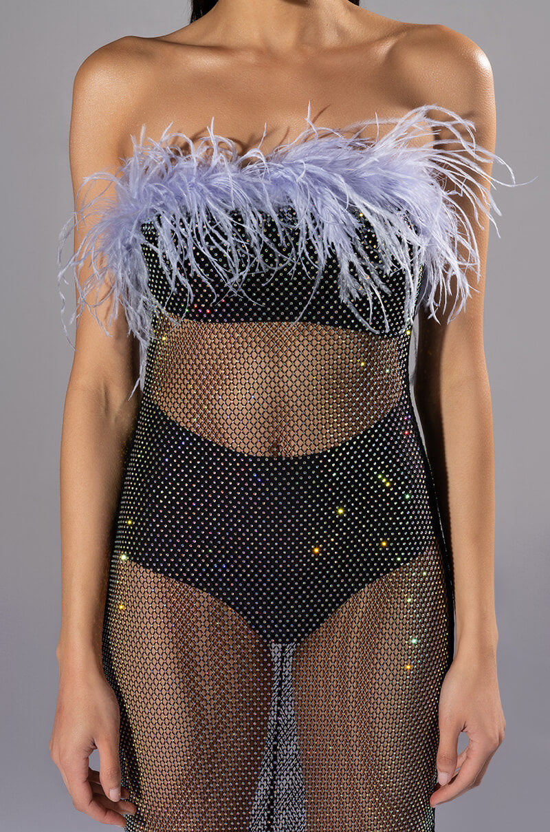Extra View Violette Rhinestone Mesh Feather Column Dress