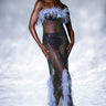 Front View Violette Rhinestone Mesh Feather Column Dress