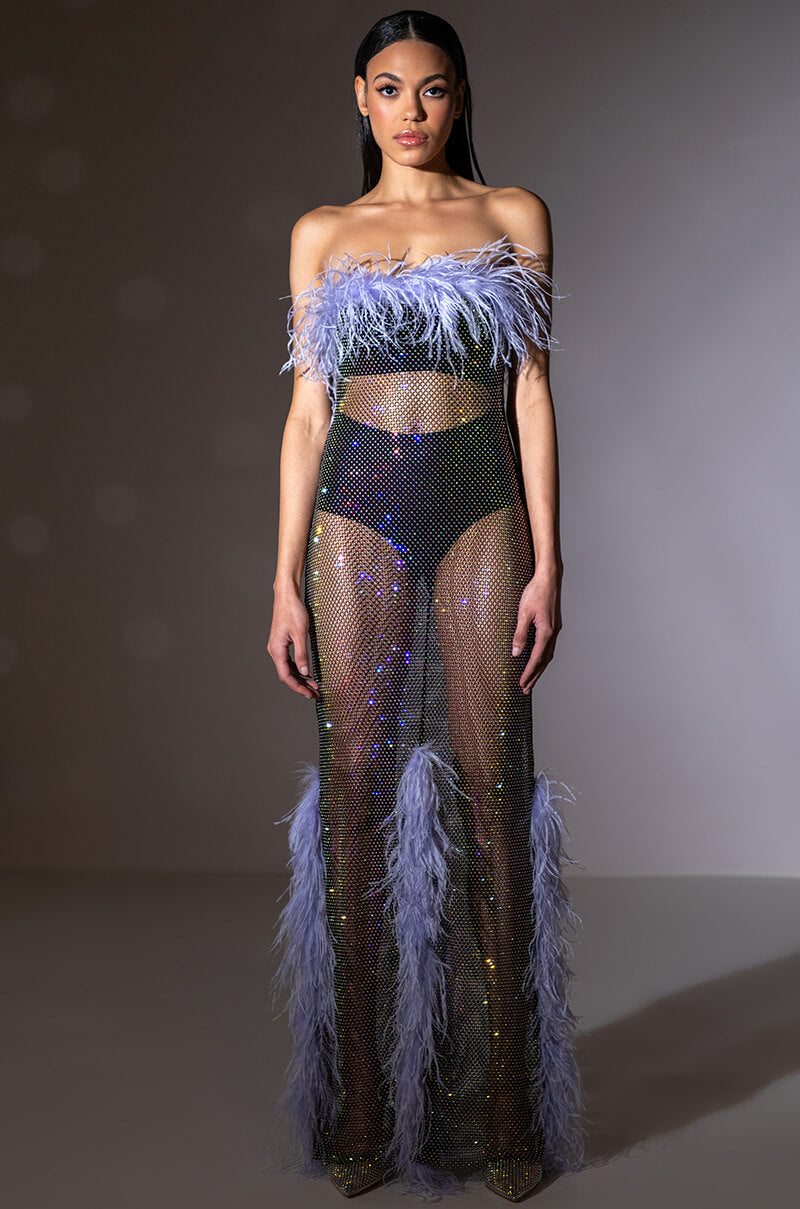 Full View Violette Rhinestone Mesh Feather Column Dress