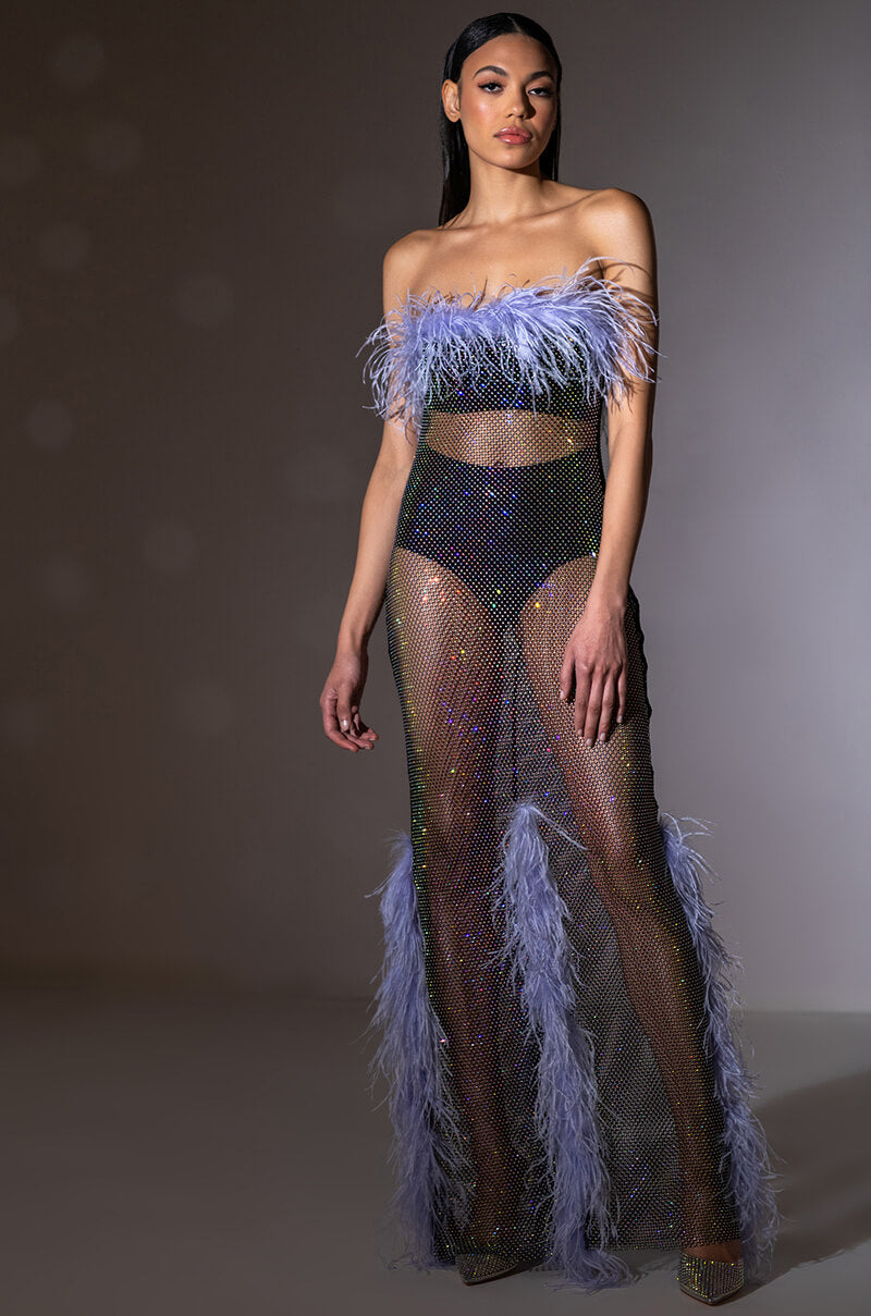 Extra View Violette Rhinestone Mesh Feather Column Dress