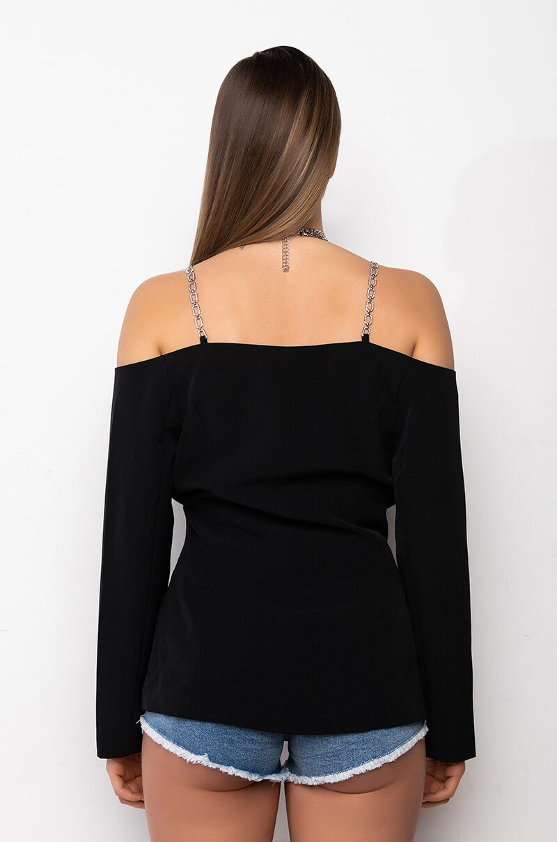 Extra View Vip Off Shoulder Blazer With Rhinestone Chain Strap