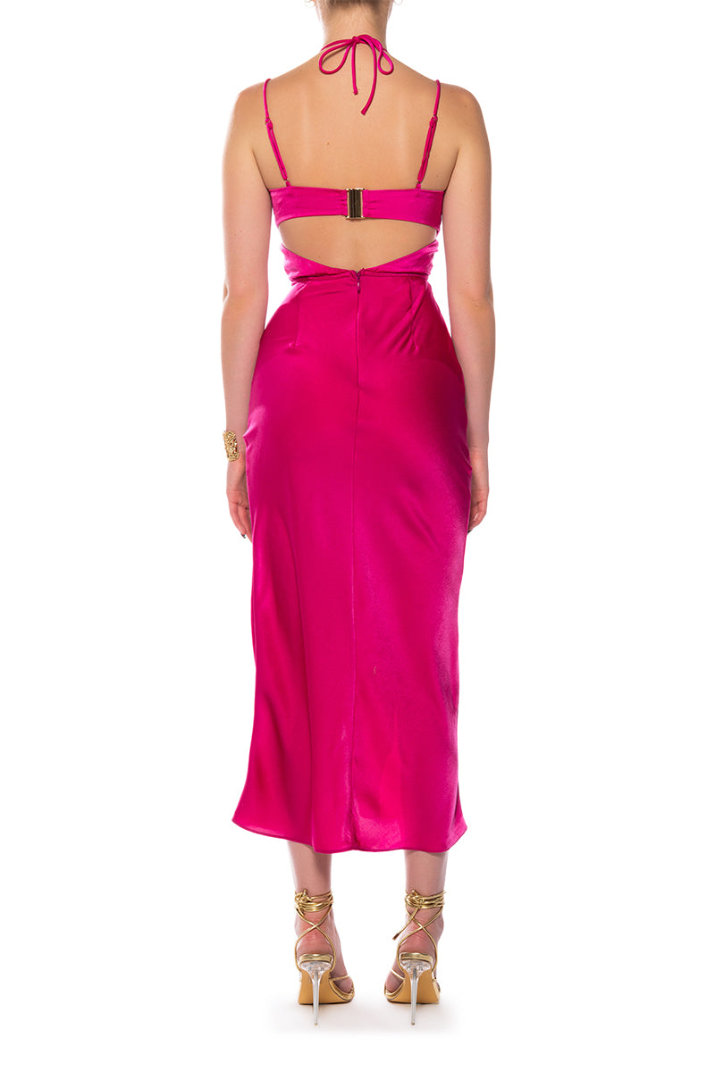 Back View Vita Cut Out Halter Neck Satin Midi Dress