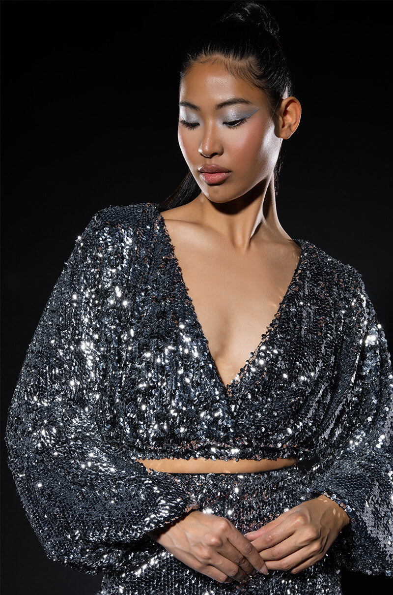 Front View Viva Las Vegas Long Sleeve Cropped Wrap Blouse