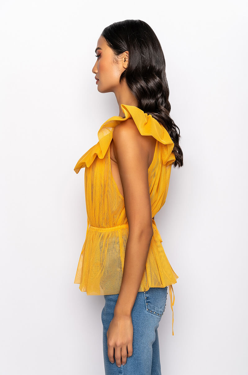 Detail View Vivacious Ruffle Collar Sleeveless Peplum Blouse
