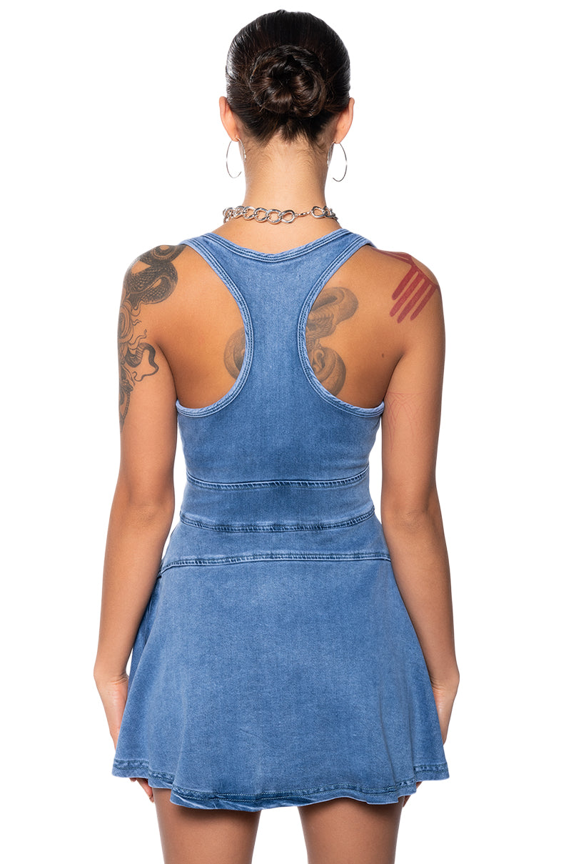 VIVIAN BLUE DENIM MINI DRESS IN BLUE AKIRA VIVIAN BLUE DENIM MINI DRESS IN BLUE AKIRA