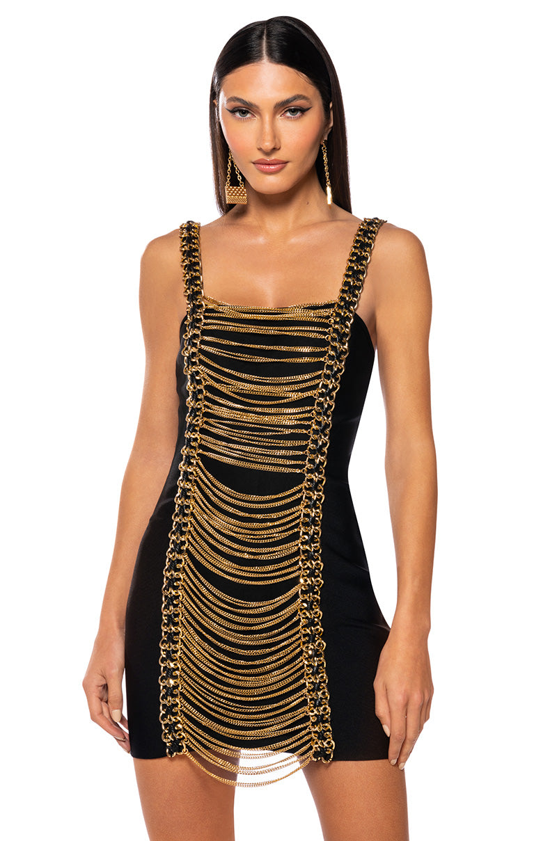 Front View Wait For It Chain Bandage Knit Mini Dress