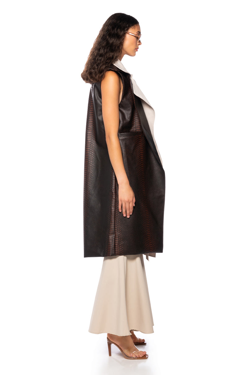 Back View Walker Croc Pu Trench Vest In Brown