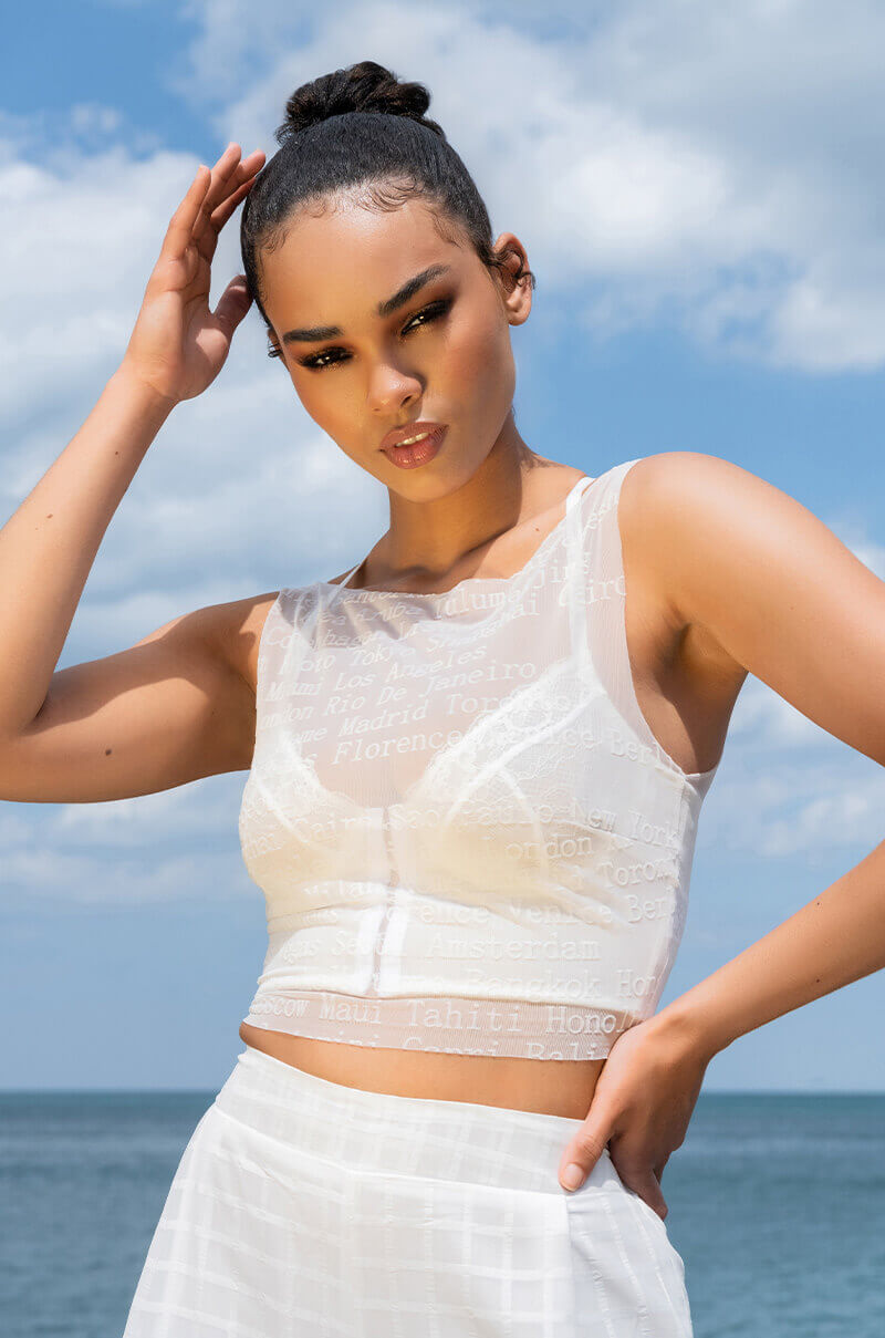 Front View Wanderlust Sleeveless Mesh Boat Neck Crop Top