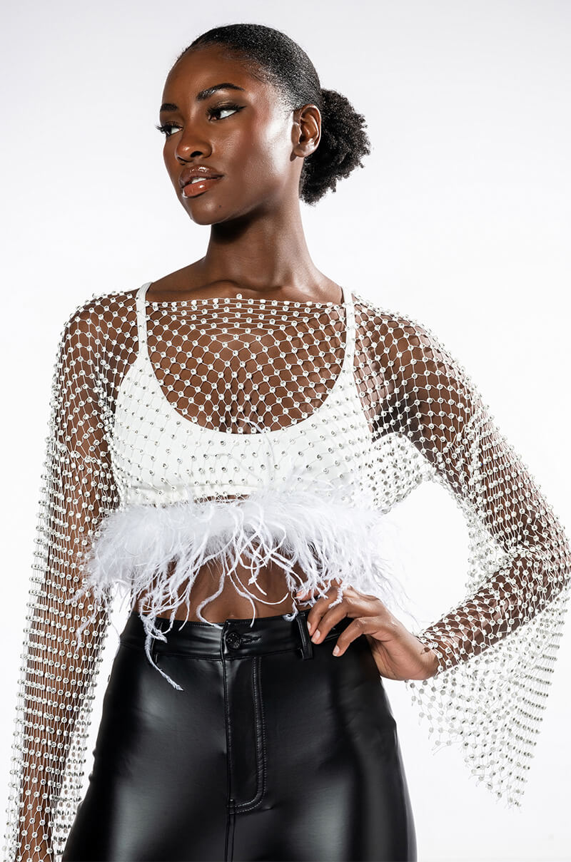 WANT MORE RHINESTONE TOP WITH FEATHER DETAILS view 0